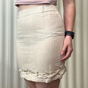 Vintage Linen Lace Detail Beige Tan Skirt Size Medium Mini Length